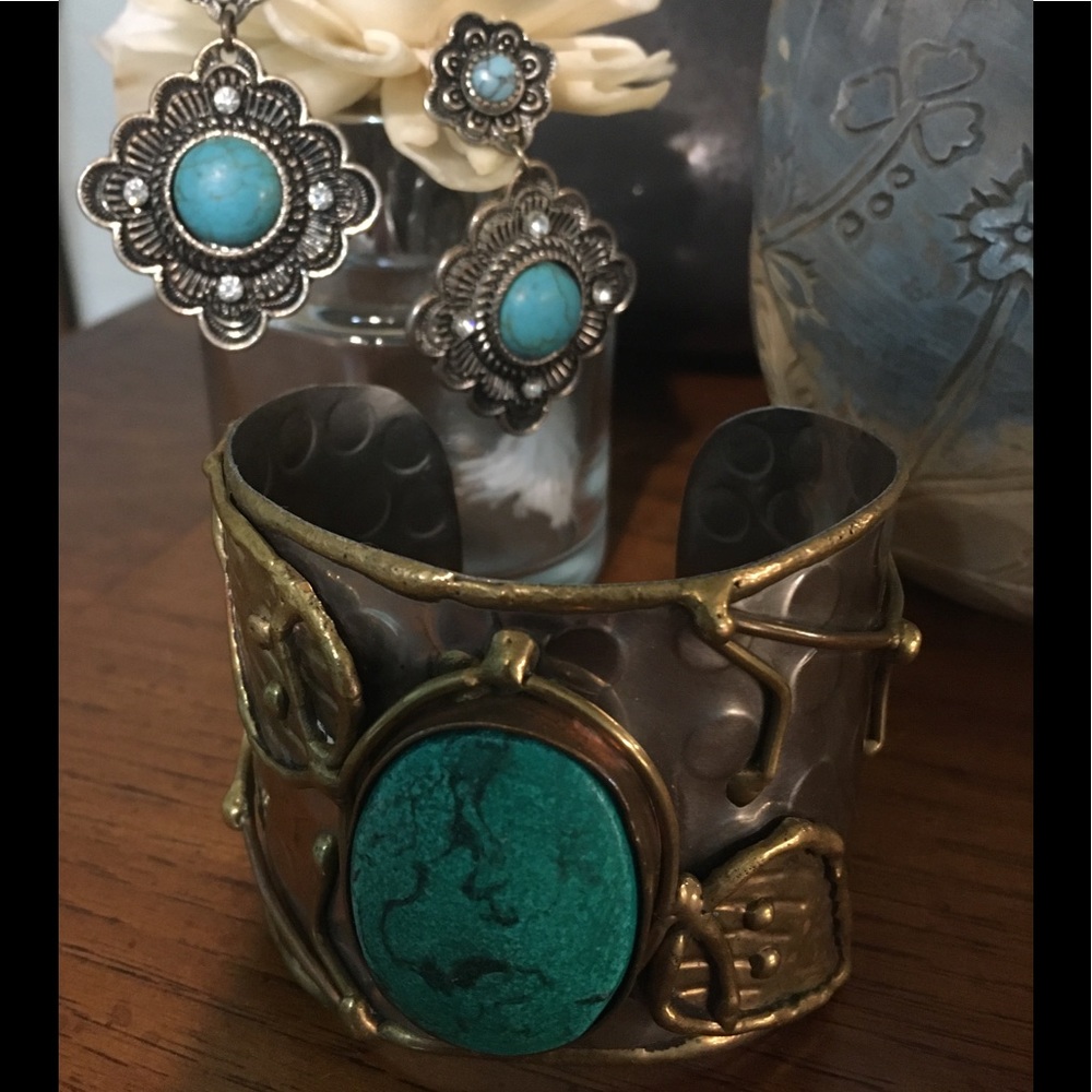 Southwest silver and turquoise cuff bracelet.